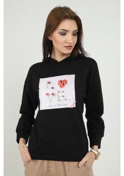 Kadın Önü Love Motifli Siyah Kapüşonlu Sweatshirt