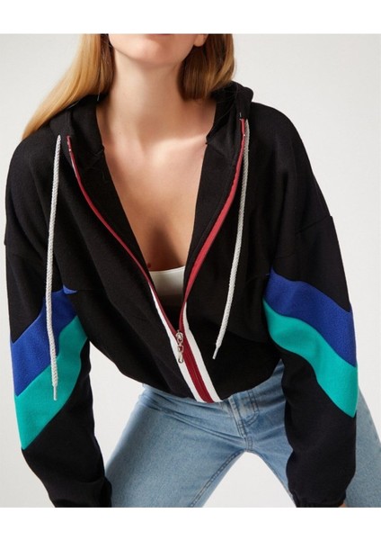 Kadın Kapüşonlu Fermuarlı Siyah Sweatshirt