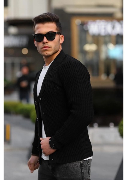 Nopenli Fitil Örgü Düğmeli Hırka Siyah modelleri