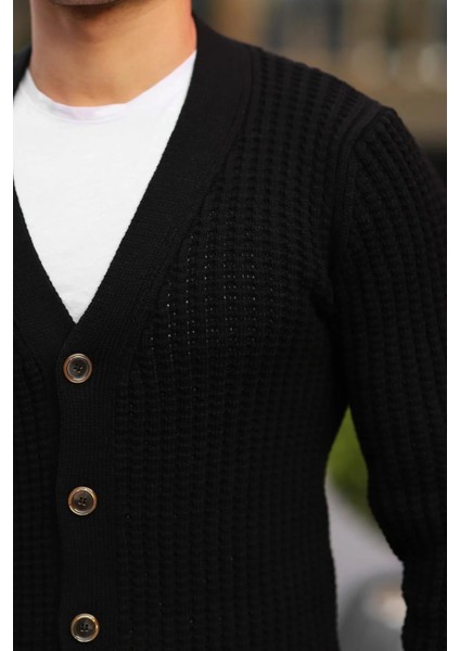 Nopenli Fitil Örgü Düğmeli Hırka Siyah fırsatları