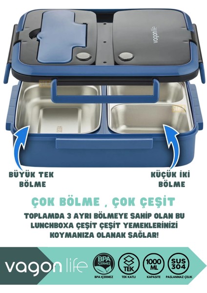 Bento 1000ML Lunchbox Yeni Koleksiyon Tek Katlı 3 Bölmeli Paslanmaz Çelik Sefer Tası Yemek Kutusu