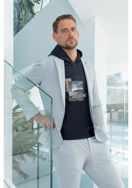 Erkek Gri Poliviskon Trend Çizgili Desen Slim Fit Mono Yaka Takım Elbise