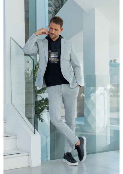 Erkek Gri Poliviskon Trend Çizgili Desen Slim Fit Mono Yaka Takım Elbise modelleri