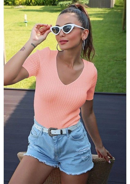 V Yaka Kısa Kol Pudra Bluz fiyatları