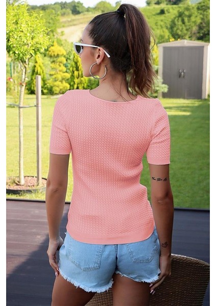 V Yaka Kısa Kol Pudra Bluz modelleri