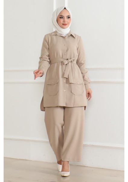 Düğme Detaylı Takım Bej 19223