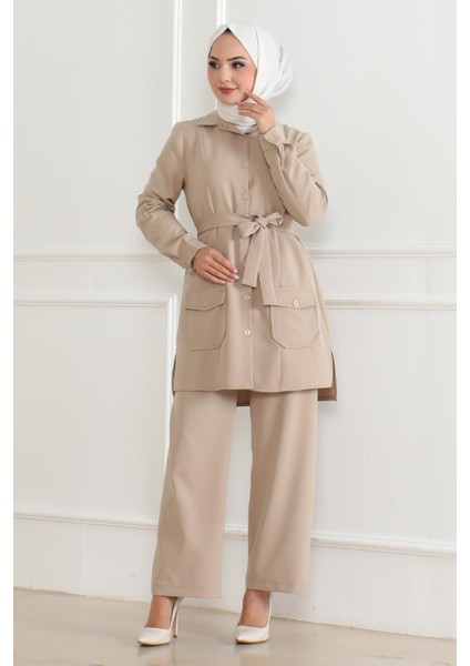 Düğme Detaylı Takım Bej 19223 modelleri