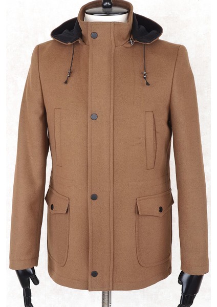 Jancarlucci Erkek Dizüstü Slimfit Taba Çıkarılabilir Kapüşonlu Torba Cep Fermuarlı Astarlı Kaşe Kaban