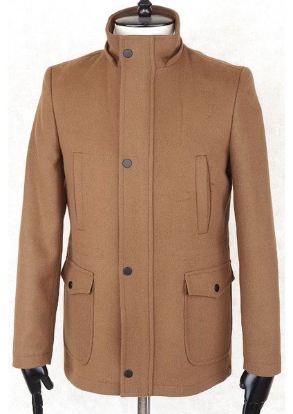 Jancarlucci Erkek Dizüstü Slimfit Taba Çıkarılabilir Kapüşonlu Torba Cep Fermuarlı Astarlı Kaşe Kaban modelleri