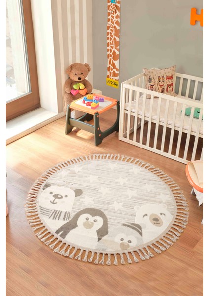 Bercario Kids 9271 Yıldızlı Hayvan Figürlü Yuvarlak Dokuma Çocuk Odası Halısı Yumuşak Bebek Odası Halısı 130x130