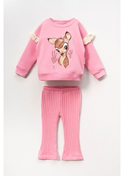 Minigimin Cicileri (2-5 Yaş) Bambi Baskılı Kol Dantel 3 Ip Kız çocuk takım - Koyu Pembe