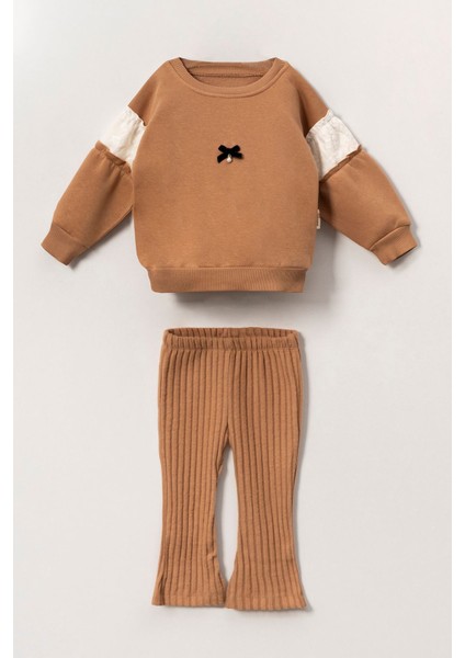 Minigimin Cicileri (2-5 Yaş) Omuz Brodeli Fiyonk Detay 3 Ip Kız çocuk takım - Kahverengi