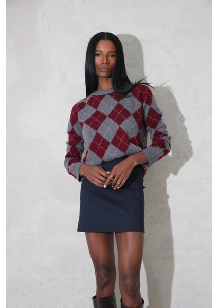 Bordo Baklava Desenli Kazak 610064
