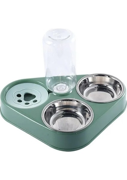 Kedi Köpek Mama Su Kabı 3in1 Paslanmaz Çelik Mama Kabı Tas Suluk (Yeşil)