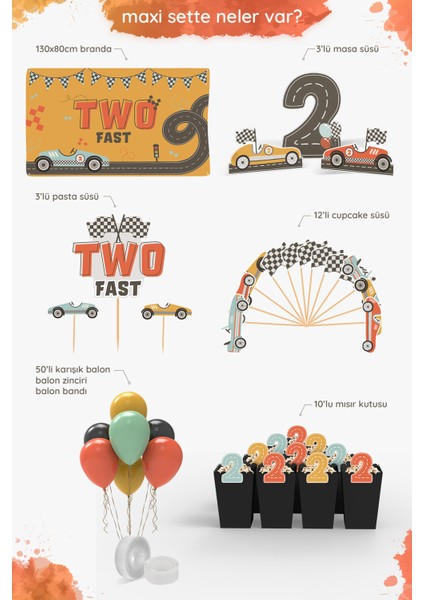 Retro Araba Temalı Two Fast 2 Yaş Doğum Günü Parti Seti - Maxi