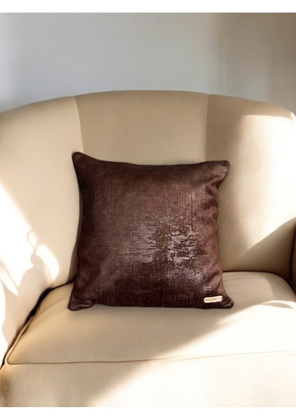 Antik Kadife Süet Eskitme Desenli Koyu Kahve Kare Dekoratif Kırlent Kılıfı 45x45