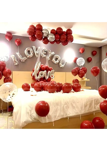 Yetişkin I Love You Konsept Kırmızı Renk Temalı Özel Gün Doğum Gün Folyo Balon Zinciri Parti Seti