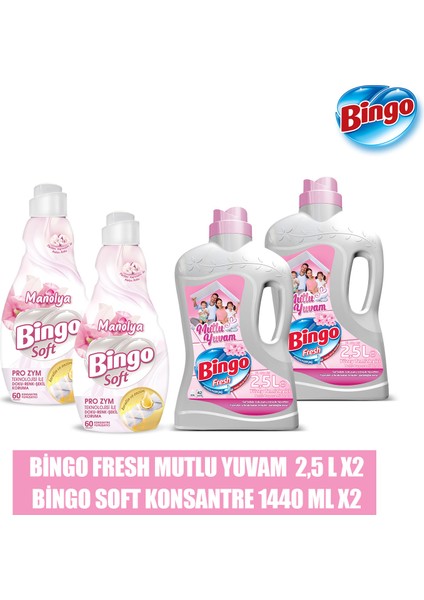 Fresh Yüzey Temizleyici Mutlu Yuvam 2,5 L 2'li + Bingo Soft Konsantre Yumuşatıcı Manolya 1440 ml 2'li