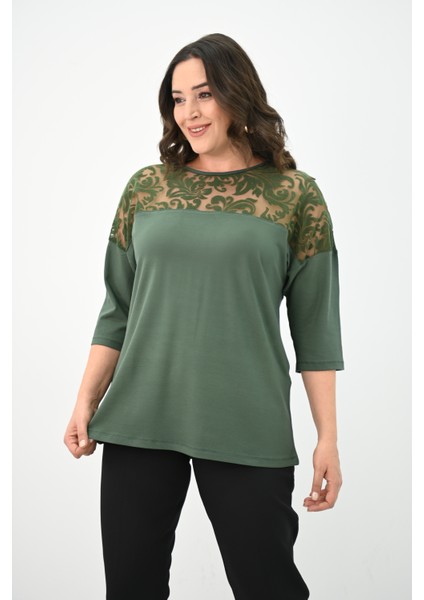 Kadın Büyük Beden Kadife Tül Detaylı Bluz 1856-2 fiyatları