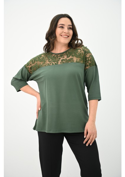 Kadın Büyük Beden Kadife Tül Detaylı Bluz 1856-2 modelleri