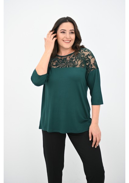 Kadın Büyük Beden Kadife Tül Detaylı Bluz 1856-2 modelleri