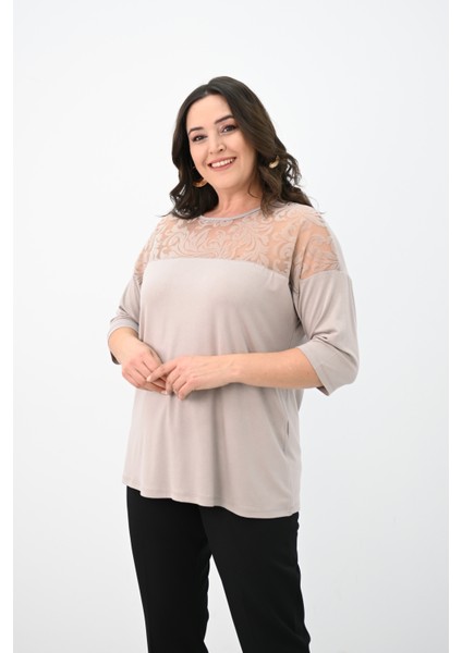 Kadın Büyük Beden Kadife Tül Detaylı Bluz 1856-2