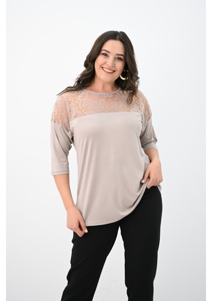 Kadın Büyük Beden Kadife Tül Detaylı Bluz 1856-2 fiyatları