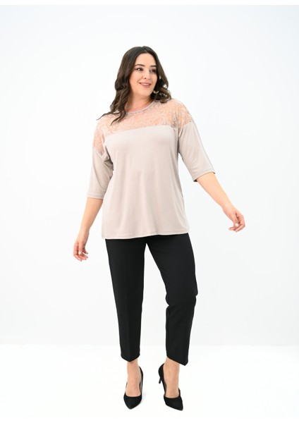 Kadın Büyük Beden Kadife Tül Detaylı Bluz 1856-2 modelleri