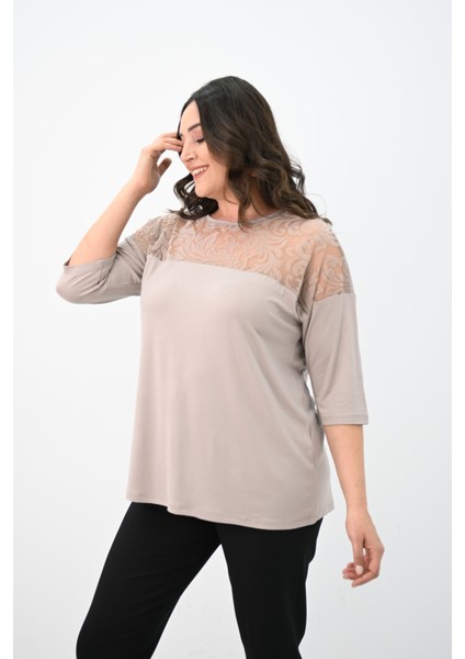 Kadın Büyük Beden Kadife Tül Detaylı Bluz 1856-2 fırsatları
