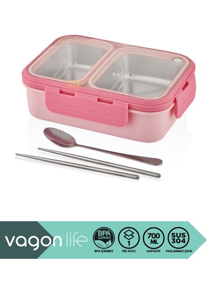 Bento 700ML Lunchbox Yeni Koleksiyon Tek Katlı 2 Bölmeli Çelik Sefer Tası Yemek Kutusu