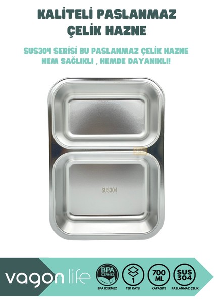 Bento 700ML Lunchbox Yeni Koleksiyon Tek Katlı 2 Bölmeli Çelik Sefer Tası Yemek Kutusu