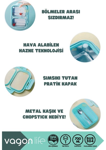 Bento 700ML Lunchbox Yeni Koleksiyon Tek Katlı 2 Bölmeli Çelik Sefer Tası Yemek Kutusu