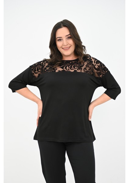 Kadın Büyük Beden Kadife Tül Detaylı Bluz 1856-2