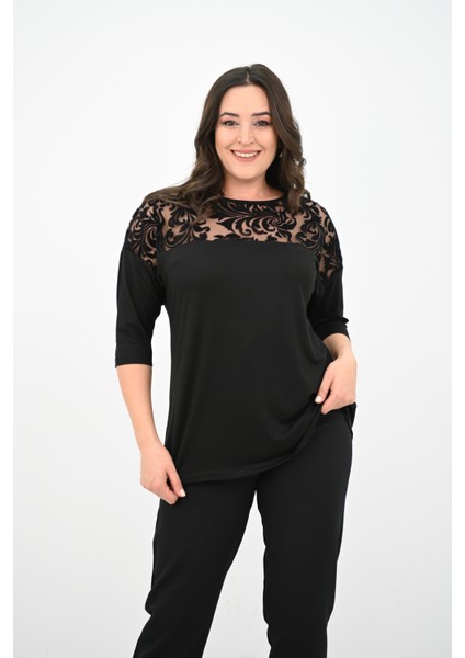 Kadın Büyük Beden Kadife Tül Detaylı Bluz 1856-2 modelleri