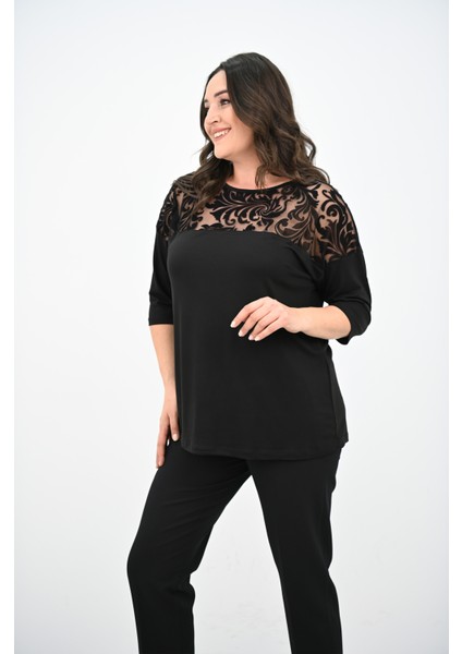 Kadın Büyük Beden Kadife Tül Detaylı Bluz 1856-2 fırsatları