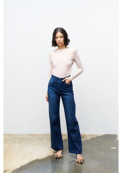 Açık Mavi %100 Cotton Önü Taşlı Straight Fit Denim Pantolon fiyatları