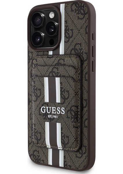 Apple iPhone 16 Pro Kılıf Guess Orjinal Lisanslı Magsafe Özellikli 4g Desenli Çizgili Kartlıklı Kahverengi