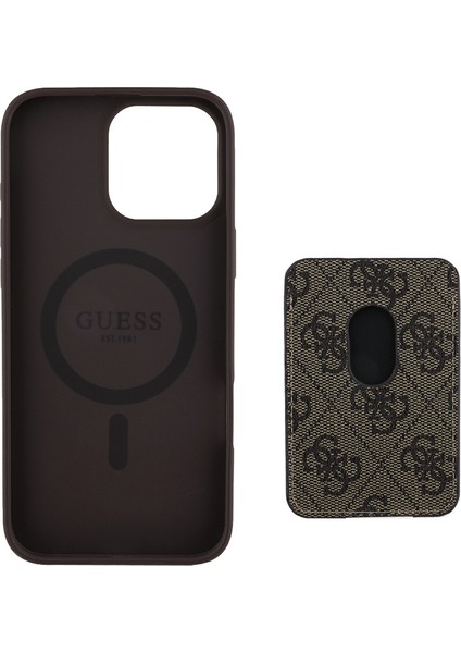 Apple iPhone 16 Pro Kılıf Guess Orjinal Lisanslı Magsafe Özellikli 4g Desenli Çizgili Kartlıklı Kahverengi modelleri