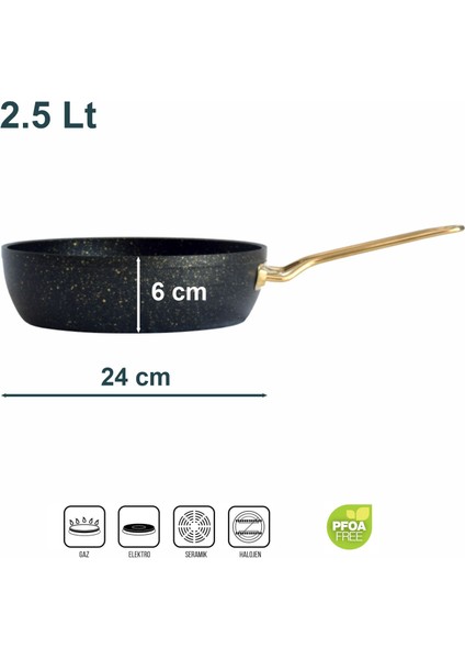 24 cm Cam Kapaklı Granit Tava Altın Renk Kulplu