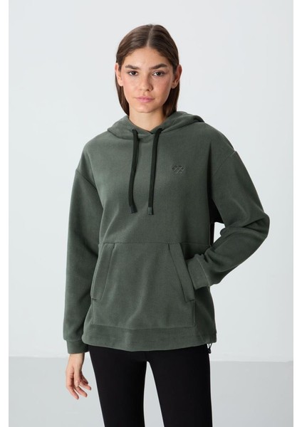 Haki Kalın Yumuşak Dokulu Kapüşonlu Oversize Nakışlı Polar Kadın Sweatshirt - 97292