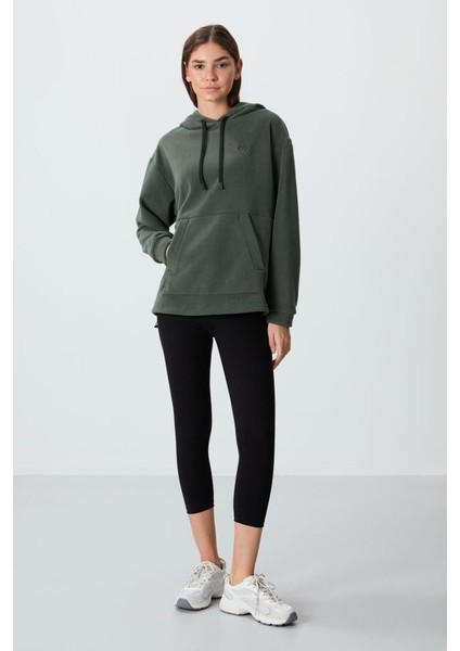 Haki Kalın Yumuşak Dokulu Kapüşonlu Oversize Nakışlı Polar Kadın Sweatshirt - 97292 fiyatları