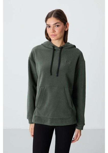 Haki Kalın Yumuşak Dokulu Kapüşonlu Oversize Nakışlı Polar Kadın Sweatshirt - 97292 fırsatları