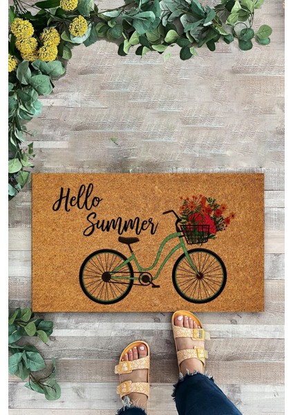 Hello Summer, Bisiklet, Çiçek Desenli Yaz Temalı Iç ve Dış Kapı Önü Paspası