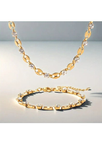 SE Jewellery Gold Gösterişli Taşlı Zincir Kolye Bileklik Set