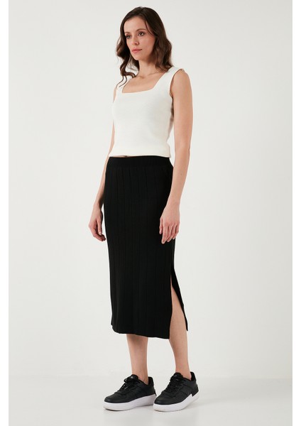 Regular Fit Midi Boy Fitilli Yırtmaçlı Triko Etek Bayan Etek 24K0229K1