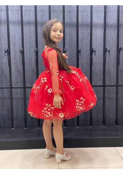 Kız Çocuk Elbise Kırmızı Uzun Tül Kol Model