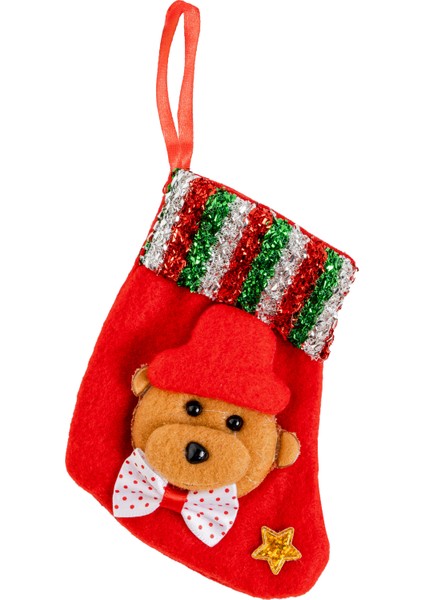 Yılbaşı Süsü Çorap Ayıcık Desenli Kırmızı 11 cm