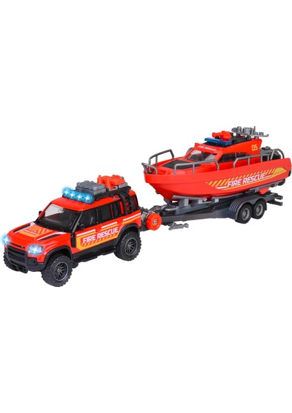 Land Rover Fire Rescue Aracı & Teknesi, Serbest Tekerlek, Die-Cast (Metal), Fonksiyonlu Römork Vinci, Işıklı & Sesli, Kauçuk Lastikler, 1:40, 33,5 cm