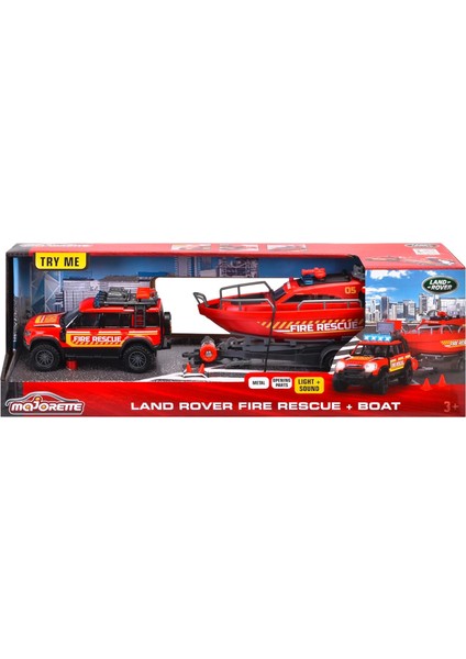 Land Rover Fire Rescue Aracı & Teknesi, Serbest Tekerlek, Die-Cast (Metal), Fonksiyonlu Römork Vinci, Işıklı & Sesli, Kauçuk Lastikler, 1:40, 33,5 cm