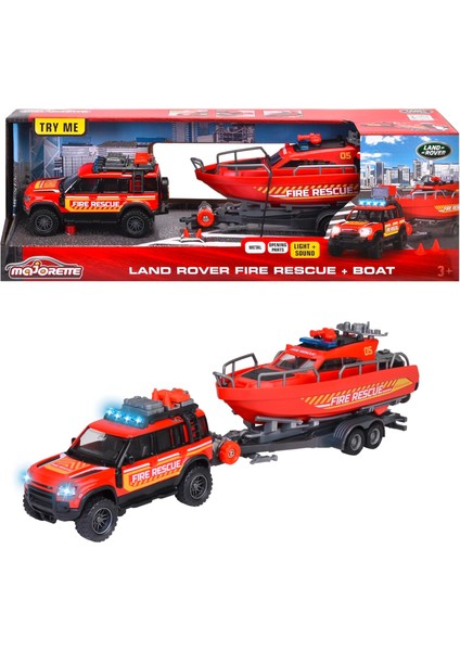 Land Rover Fire Rescue Aracı & Teknesi, Serbest Tekerlek, Die-Cast (Metal), Fonksiyonlu Römork Vinci, Işıklı & Sesli, Kauçuk Lastikler, 1:40, 33,5 cm